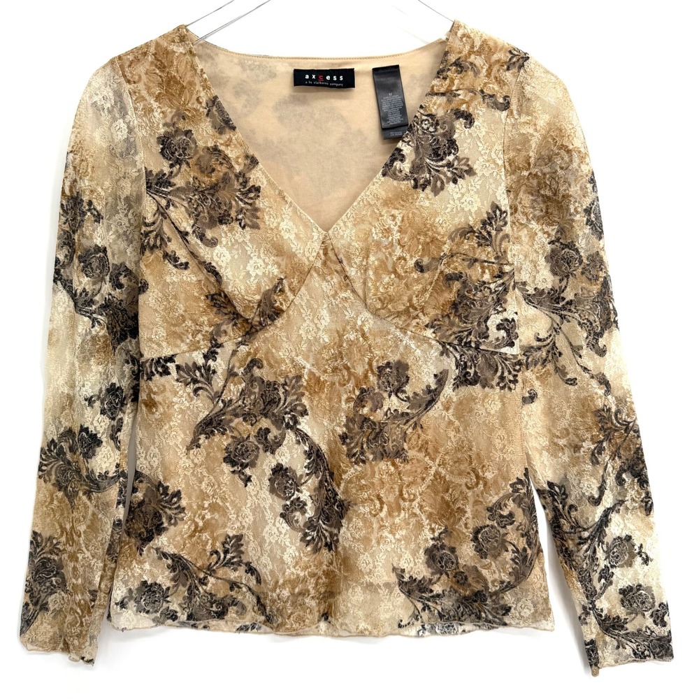 Y2K Babydoll Floral Lace Long Sleeve Lace Top Size M Whimsigoth Fairy Tan Brown